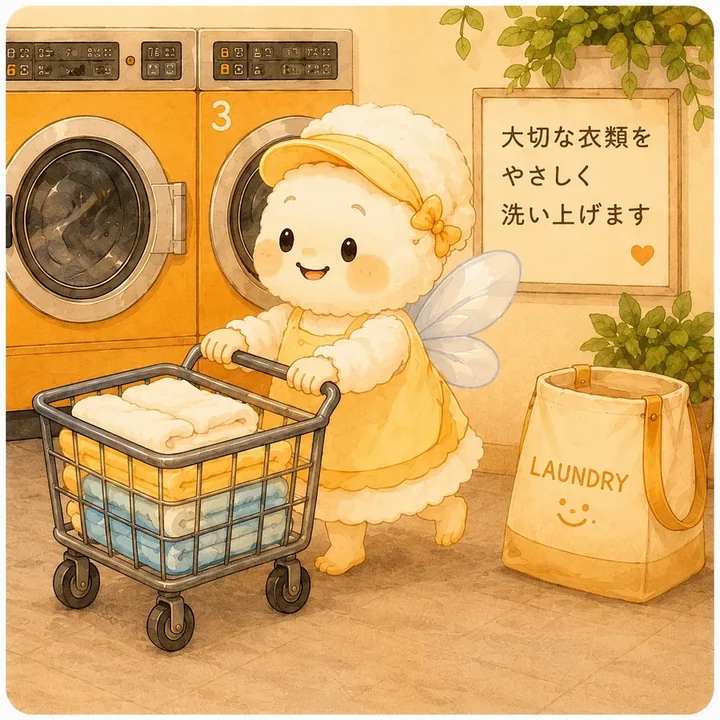 洗濯物を運ぶコインランドリー６５のマスコット