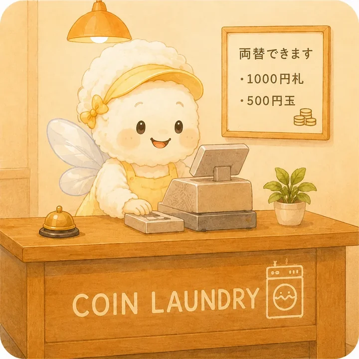 両替の案内をするコインランドリー６５のマスコット