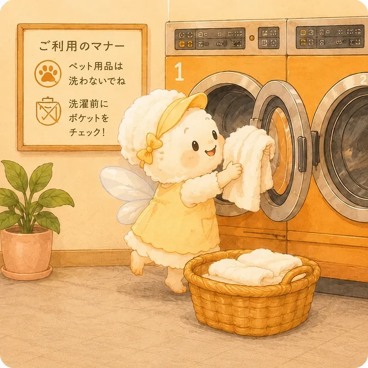 洗濯物を機械に入れるコインランドリー６５のマスコット
